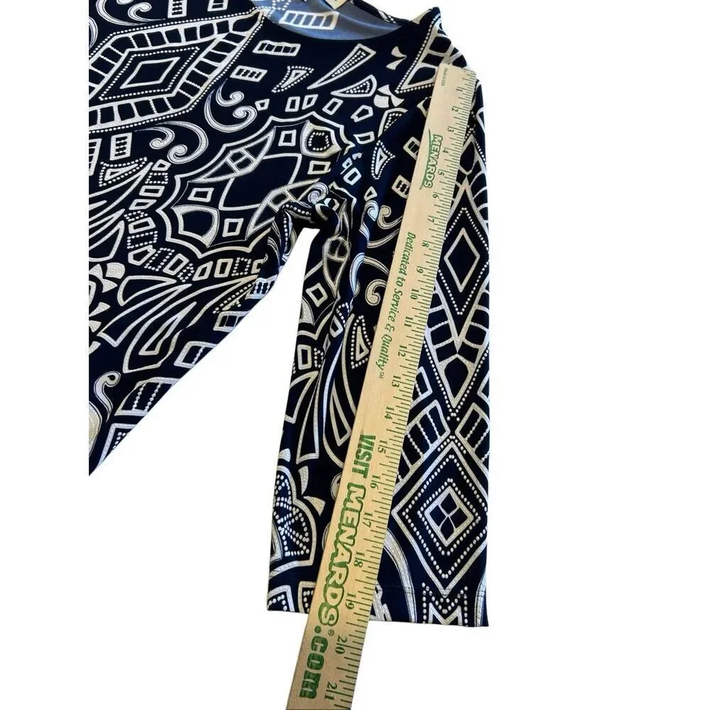 Southern Lady Navy Blue White Geometric Print 3/4 Sleeve Career Top Size L